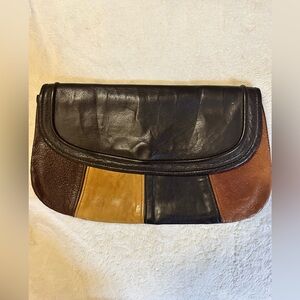 Brixton Leather Patchwork Clutch Brown Black Tan Vintage Canada Made Bag
